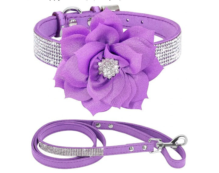 Rhinestone Bling Leather Dog Collar and Leash Set, Cute Dazzling Sparkling Soft Velvet Dog Cat Collar Crystal