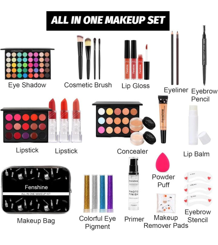 Full Makeup Gift Set Makeup Essential Starter Bundle Include Eyeshadow Palette Lipstick Eyebrow Pencil Brush Set (Type C)