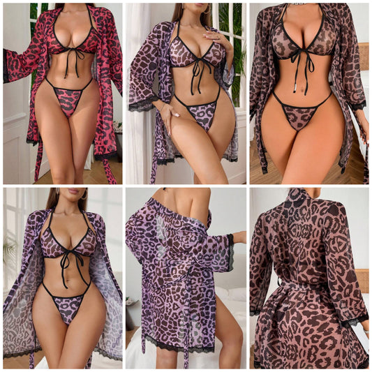 4pcs Sexy Leopard Print Mesh Women's Lingerie Set COCOMONEY