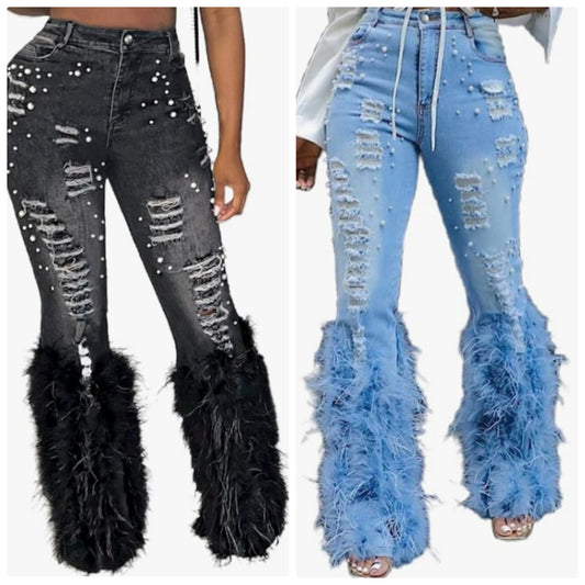 Pearl Feather Jeans Stretch Straight Leg Distressed Denim Pants