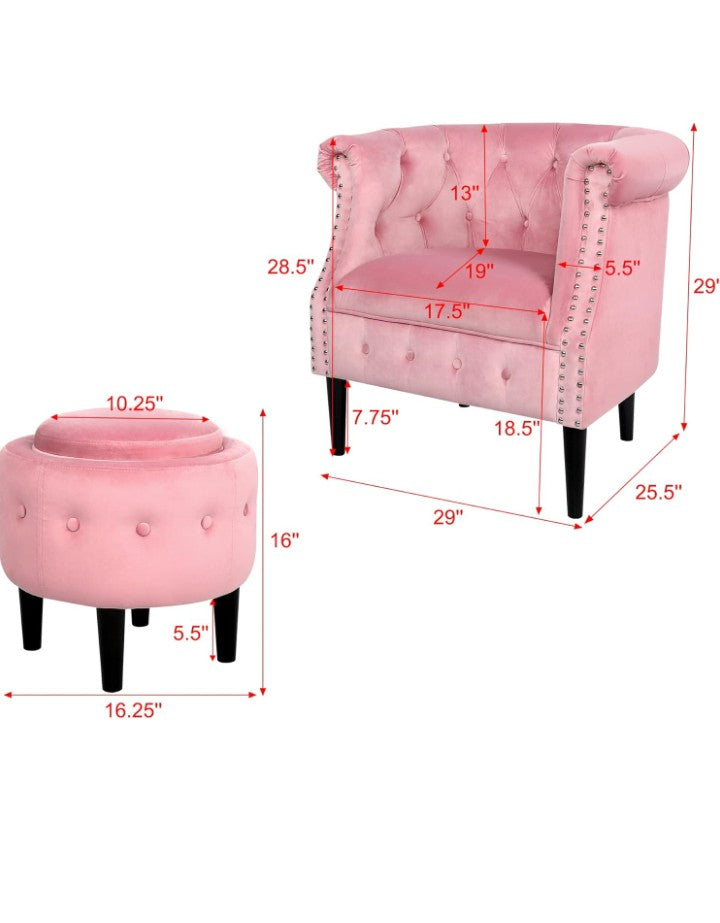 Mid-Century Accent Chair with Storage Ottoman, Modern Velvet Armchair Button Tufted Rivet Barrel Chair, Comfy Single Sofa Chair Ottoman Set for Living Room Bedroom Reading Room