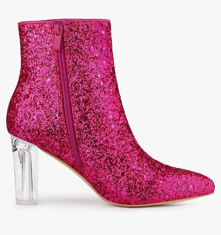 Women's Clear Block Heel Glitter Ankle Boots