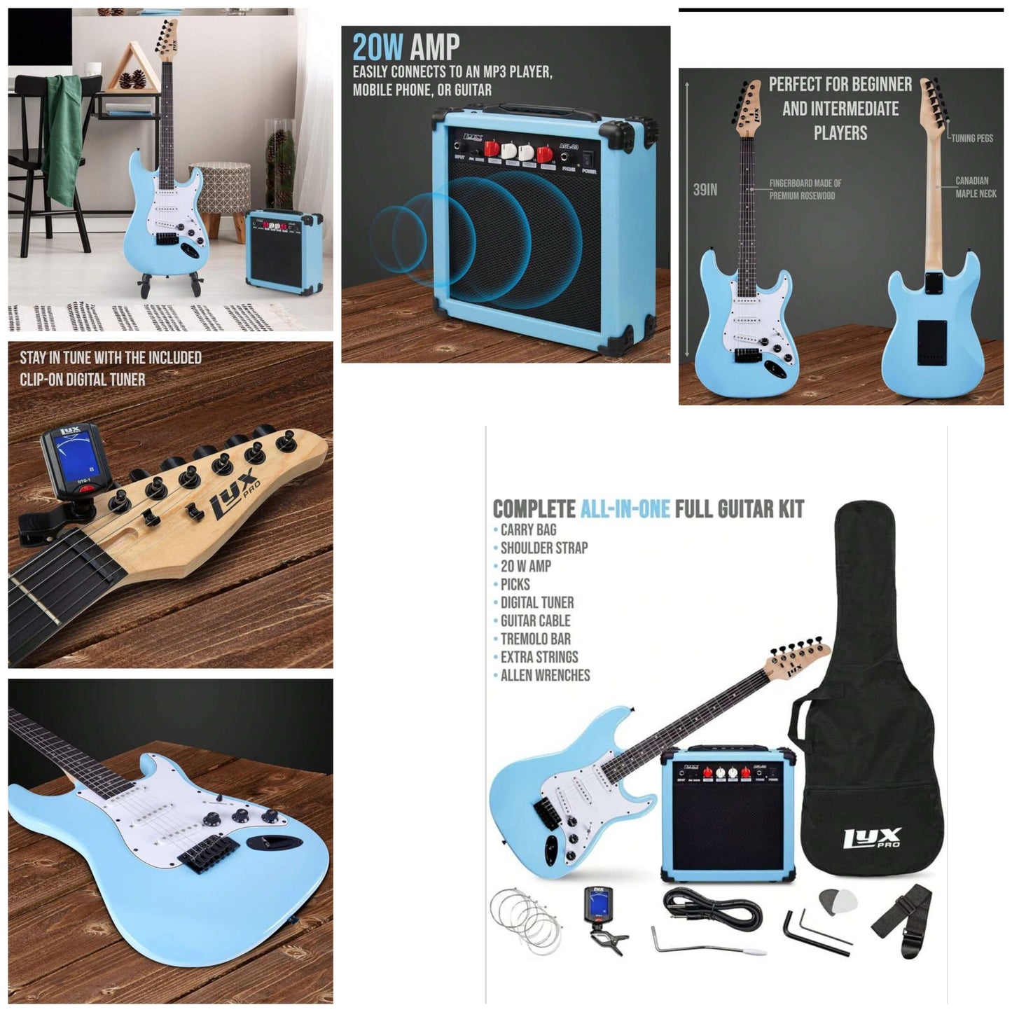 39" Electric Guitar & Electric Guitar Accessories, Beginner Starter Bundle With 20W Amp, Digital Tuner, Strings, Picks, Tremolo Bar, Shoulder Strap, And Case Bag