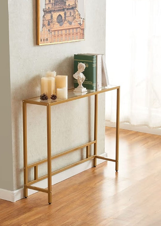 Modern Console Table for Entryway, Tempered Glass with Metal Frame Sofa Table for Living Room, Hallway, Office (Single-Layer, Gold)
