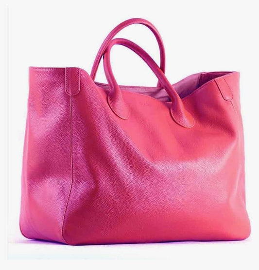 Oversize Tote Bag for Women Genuine Leather Handbags and Purses Cowhide Brown Large Shopper Bag Female Travel Handbag (about 41cm-21cm-34cm,Hot Pink)