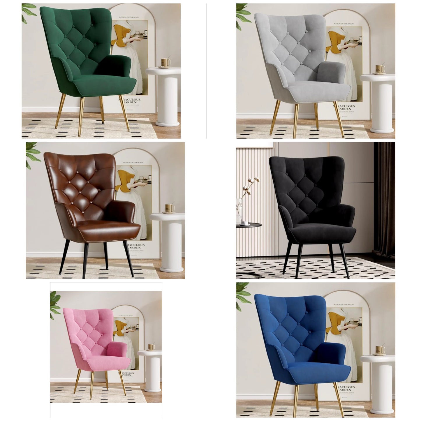 Mid Century Modern Accent Chair, Velvet Upholstered Armchair with Metal Legs, Tufted Button Wingback Side Chair, High Back Reading Chair for Living Room Bedroom