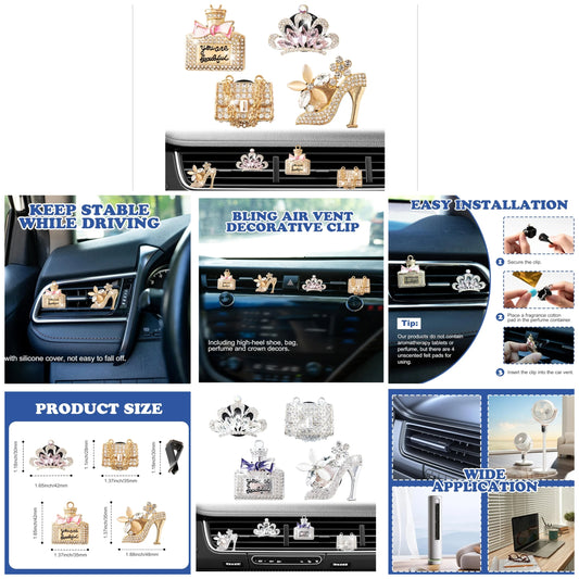 4PCS Bling Air Freshener Vent Clip, Crystal Diamond High Heel Shoe Bag Crown Perfume Bottle Diffuser Vent Clip Cute Car Bling Accessories Decoration for Women (Gold)