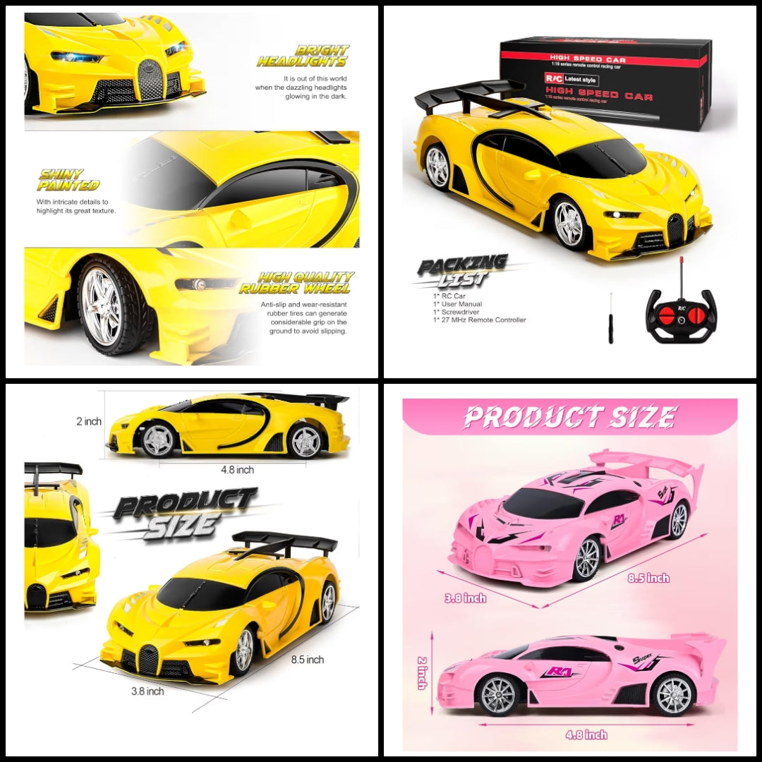 Remote Control Car, Rechargeable High Speed Drift RC Cars Toys for Kids Boys Girls Age 6 7 8-12,1/18 Super Vehicle with Headlight Yellow Racing Hobby Xmas Birthday Gift for Kid