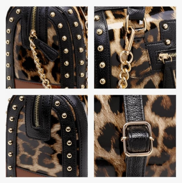Shiny Patent Faux Leather Handbags Top Handle purse Rivet Decoration Satchel Bags Shoulder Bag