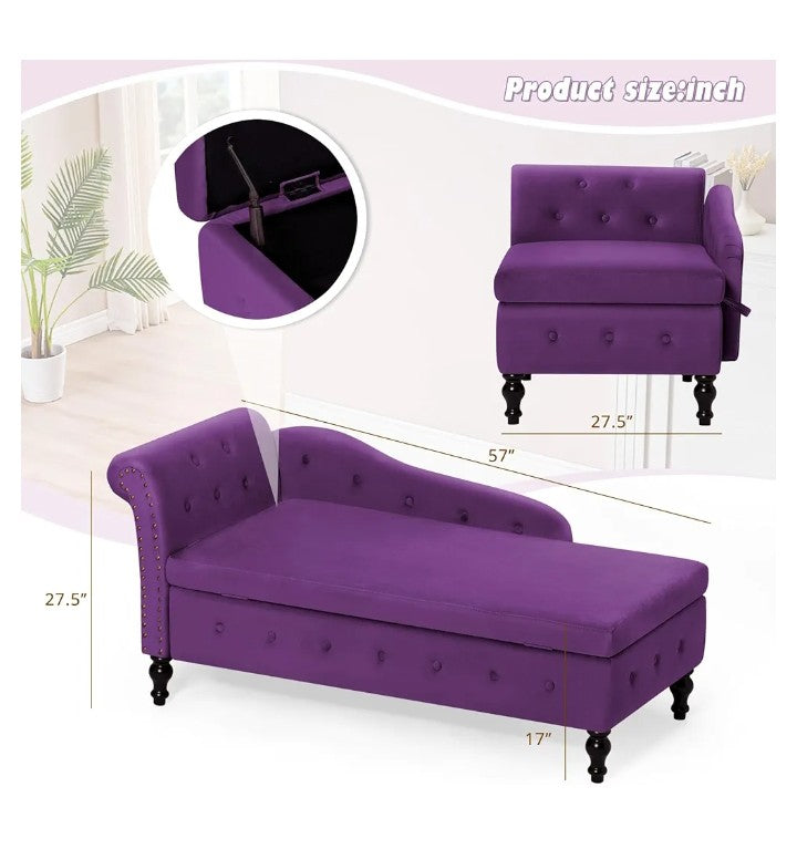 Upholstered Velvet Chaise Lounge with Left Armrest & Storage Space,Button Tufted Lounge Chair w/Lumbar Pillow,Modern Lounge Chair for Bedroom, Living Room and Office