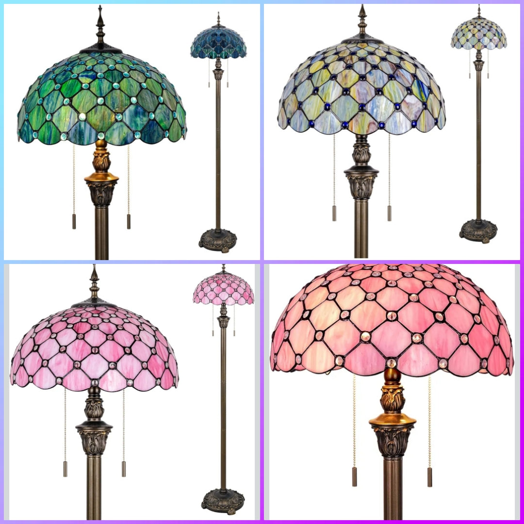 Tiffany Floor Lamp Stained Glass Pearls Beads Standing Reading Light 16x16x64 Inch Retro Inspired Pole Corner Lighting Art Decor for Bedroom Living Room Home Office