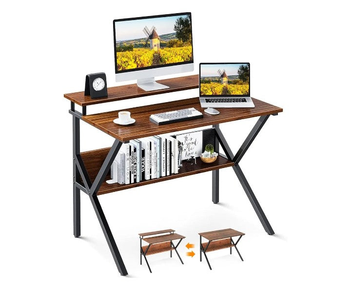 Computer Desk, 27.5 inch Desk for Small Spaces with Storage, Compact Table with Monitor & Storage Shelves for Home Office, Modern Style Laptop Desk,
