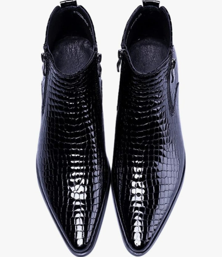 Men's Ankle Patent Leather Fashion Plaid Zipper Pointed Toe Casual Boots