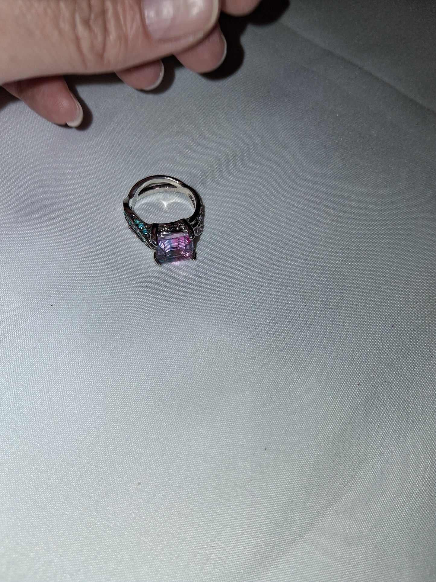 Costume silver plated pink blue ring size 10