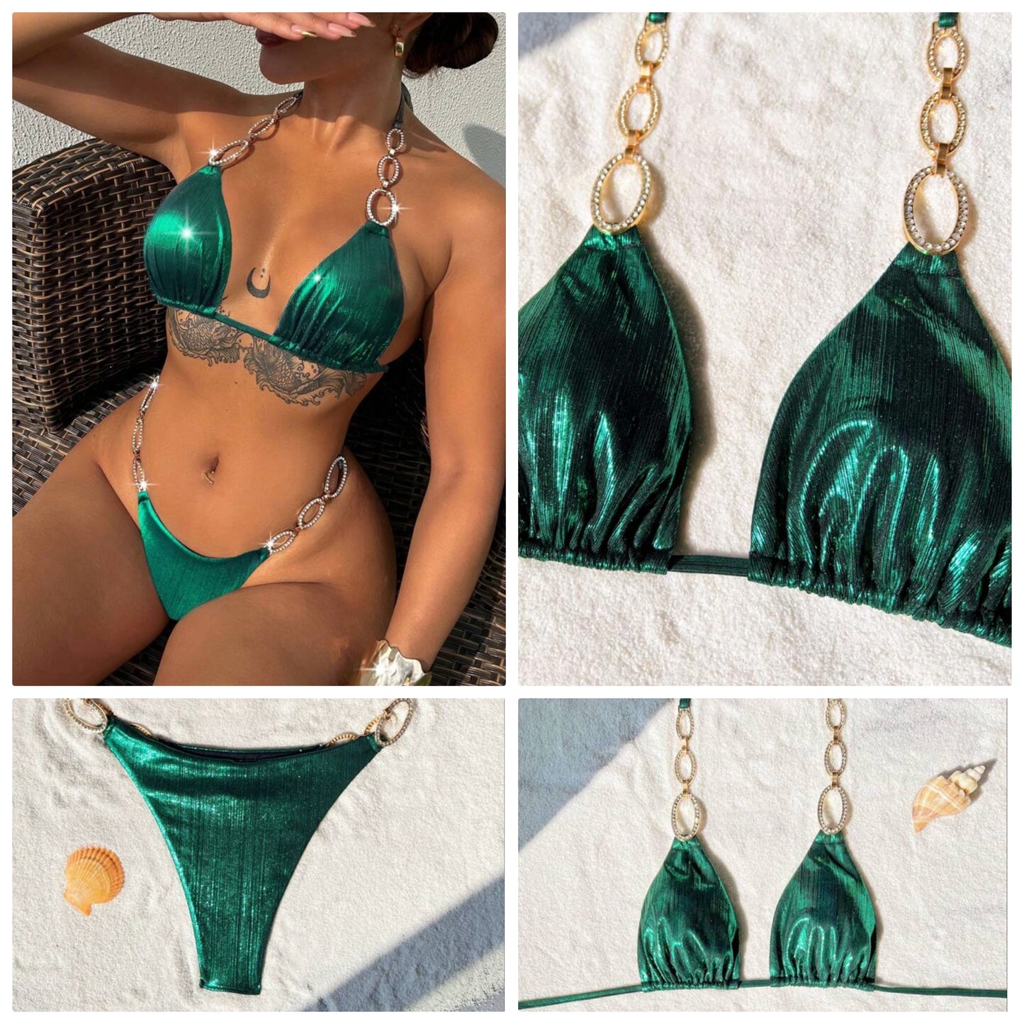 Sexy Bathing Suit with circular hardware COCOMONEY green