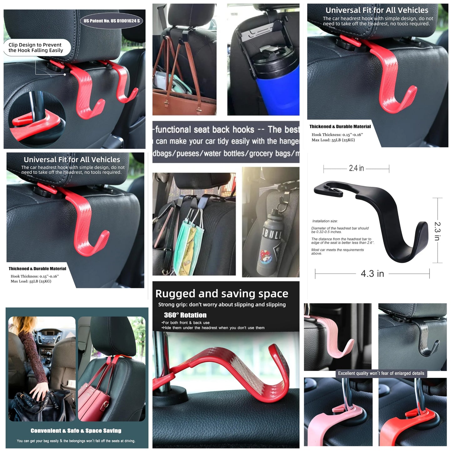 Car Seat Headrest Hook 4 Pack Hanger Storage Organizer Universal for Handbag Purse Coat Universal fit Vehicle Car Red Checkered with Clip