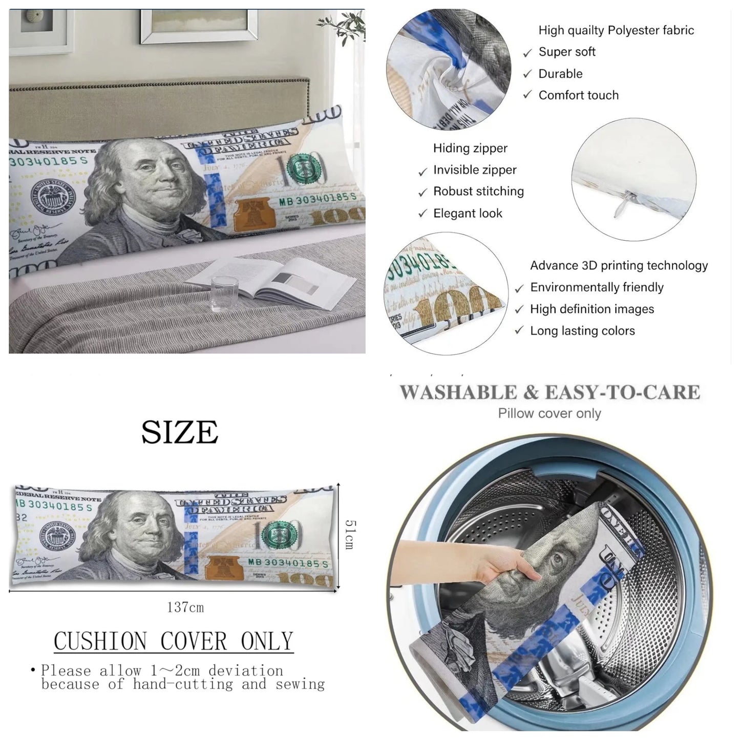 Money Body Pillow Cover 100 Dollar Bill USA Money Funny Hundred Dollar Long Pillow Case Protector with Zipper Decorative Soft Large Pillow Cases Covers Cushoned for Bed,Couch,Sofa,Home Gift 20"x54"