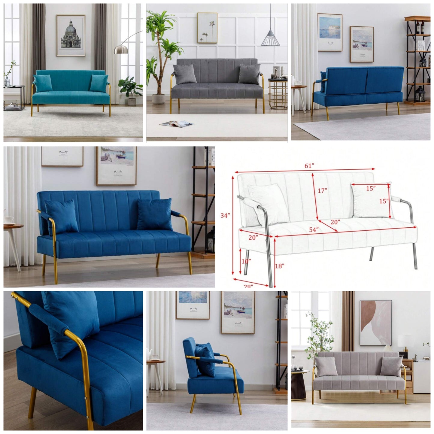 61" Stylish Loveseat Sofa,Velvet Upholstered 2-Seater Small Sofa Couch With Electroplated Gold Armrest For Small Space,Living Room,Bendroom,Apartments