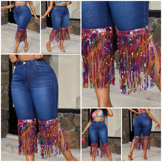 Plus Size Stretchy Sequins Fringe Cropped Jeans COCOMONEY