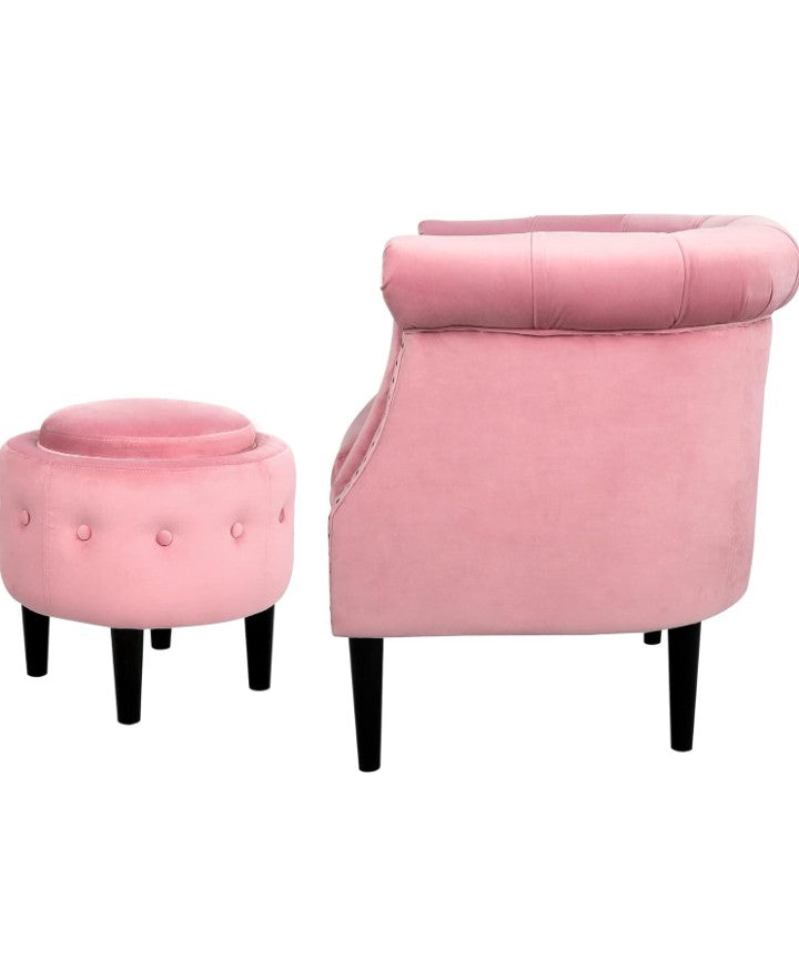 Mid-Century Accent Chair with Storage Ottoman, Modern Velvet Armchair Button Tufted Rivet Barrel Chair, Comfy Single Sofa Chair Ottoman Set for Living Room Bedroom Reading Room