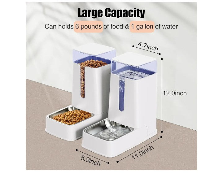 Automatic Pet Feeder and Pet Water Dispenser Set with Stainless Steel Bowls Gravity Dog Feeder for Small Medium Big Dog Pets Puppy Kitten, 1 Gallon x 2 (Pink)