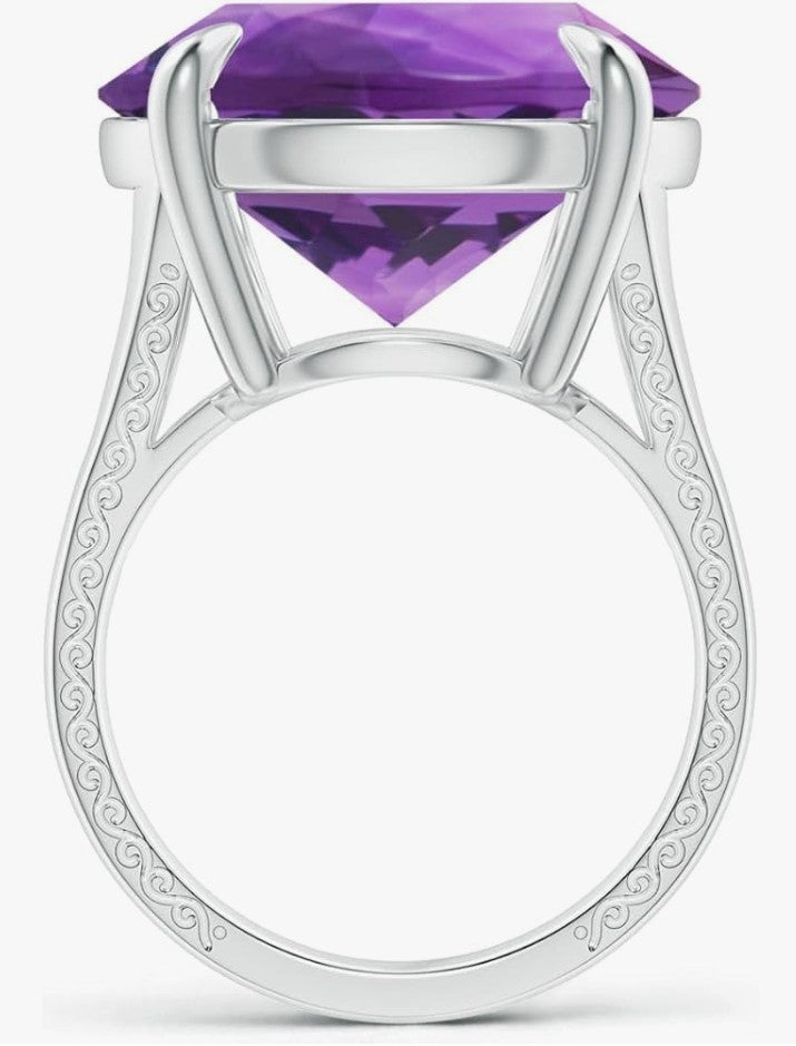 COCOMONEY Natural Claw-Set GIA Certified Solitaire Round 2.36 ct Amethyst Split Shank Ring with Scrollwork in 14K Solid Gold/Platinum for Women Jewelry for Women