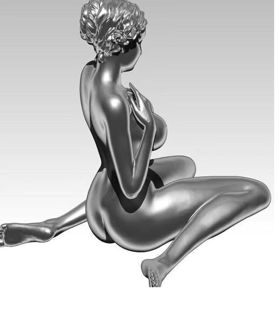 Nude Female Statue, Big Chest Busty Female Girl Statue, Kneeling Female Sculpture, Copper Body Girl, Silver Resin Crafts Decor, Sexy Body Sculpture Figurines, for Home Office Art Decoration, Silver