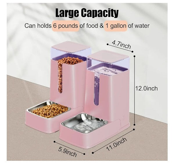 Automatic Pet Feeder and Pet Water Dispenser Set with Stainless Steel Bowls Gravity Dog Feeder for Small Medium Big Dog Pets Puppy Kitten, 1 Gallon x 2 (Pink)