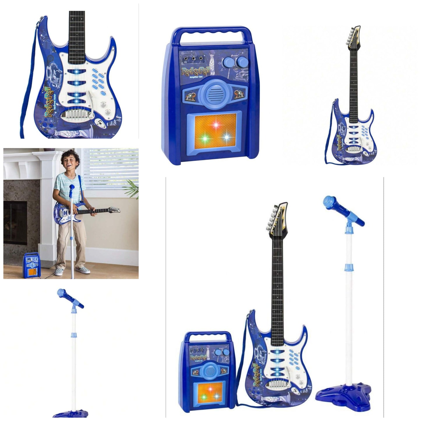 Electric Musical Guitar Play Set, Toy Guitar Starter Kit Bundle W/ 6 Demo Songs, Whammy Bar, Microphone, Amp, AUX, 2 Sticker Sheets - Blue