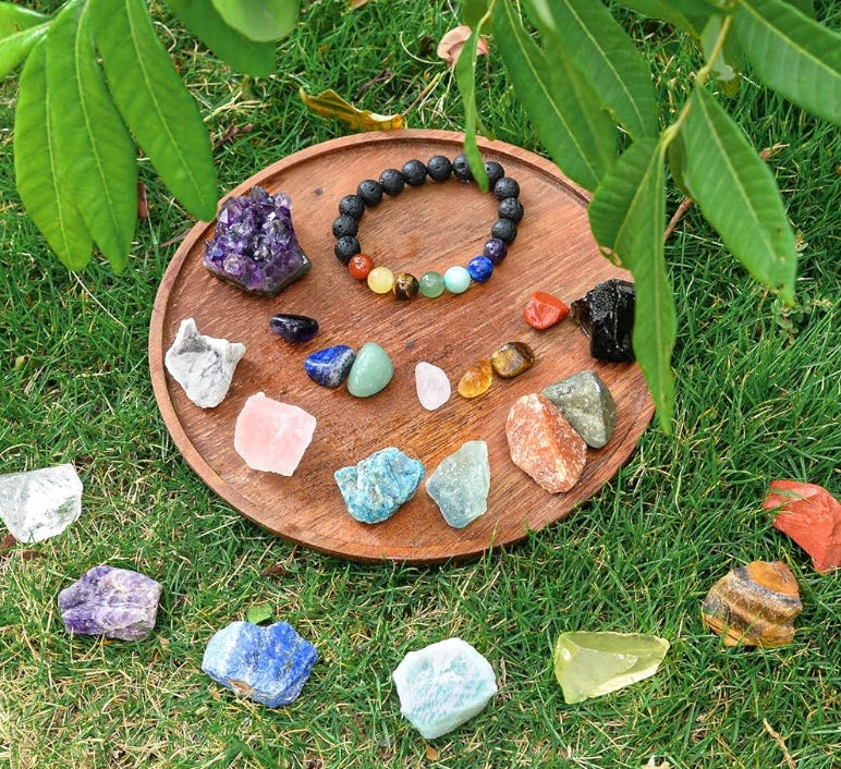 26 PCS Crystals and Healing Stones, Healing Crystals Gift Set, 7 Raw Chakra Stone, 7 Tumbled Gemstones, Crystal Amethyst Necklace, Selenite Plate, Lava Bracelet, Clear Quartz, Gift Box