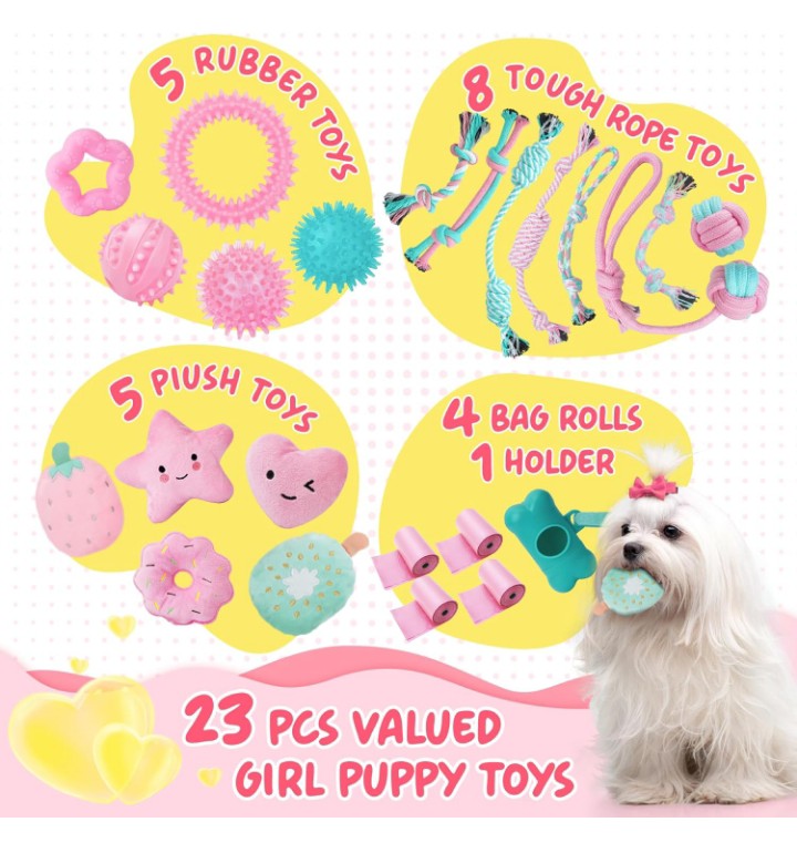 23 Pack Puppy Chew Toys for Teething, Interactive Dog Toys for Puppies, Cute Small Dog Toys with Treat Ball, Squeaky Dog Chew Toys and Ropes