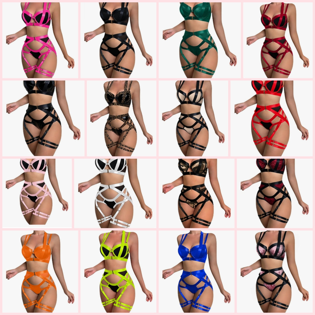 Sexy Strappy Underwire Push Up Garter Belt Women Lingerie Set Harness Cutout Outfits Matching Bra Panty 3 Piece Cocomoney
