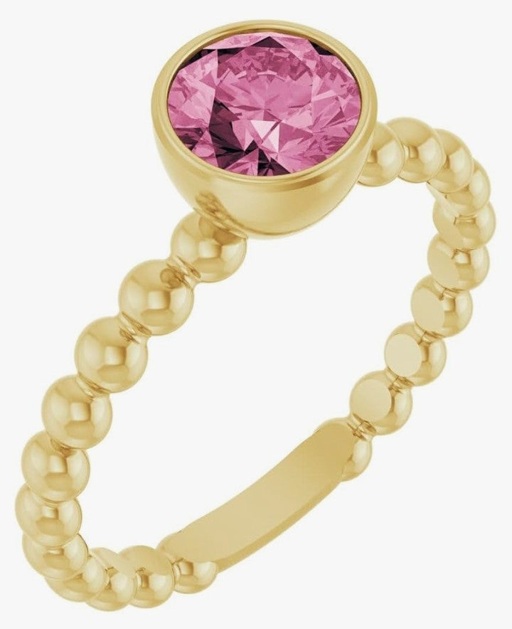 COCOMONEY 14k Yellow Gold Bezel-Set Pink Tourmaline Family Stackable Beaded Fashion Ring Fine Jewelry For Women Gifts For Her, Size 7