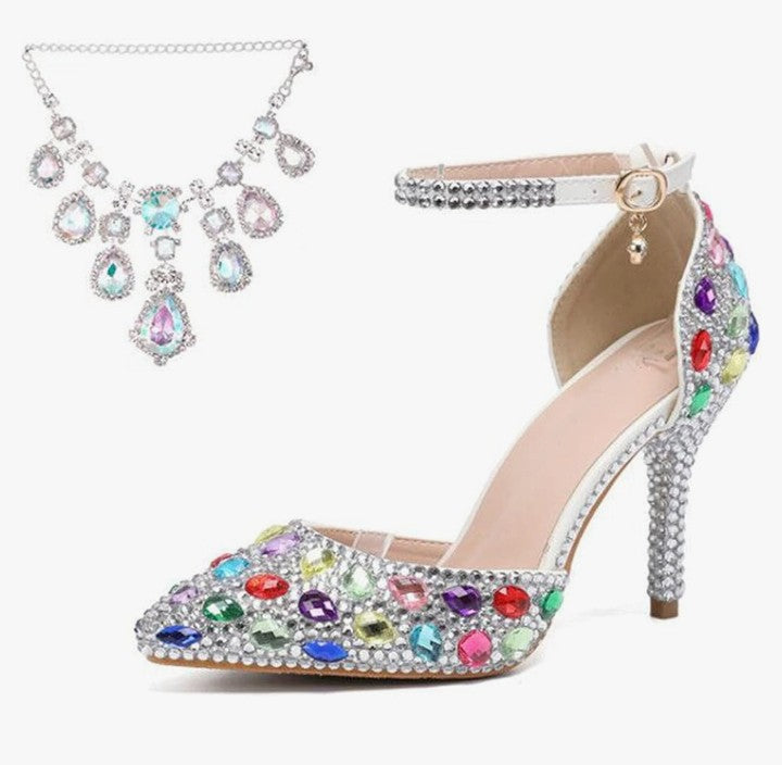 Womens Rhinestone Wedding Shoes Party Pumps with Ankle Chains