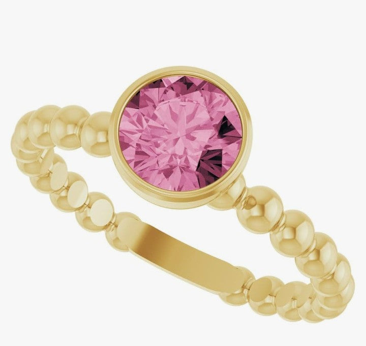 COCOMONEY 14k Yellow Gold Bezel-Set Pink Tourmaline Family Stackable Beaded Fashion Ring Fine Jewelry For Women Gifts For Her, Size 7