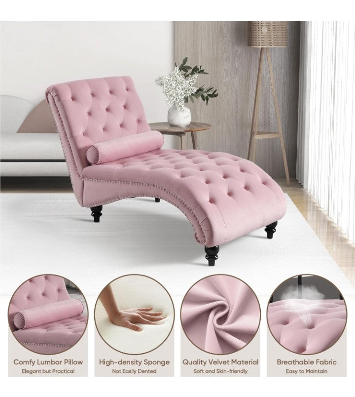 Velvet Chaise Lounge Indoor with Toss Pillow, Modern Pink Chaise Lounge Chair, Upholstered Armless Velvet Chairs with Tufted Buttons and Nail Heads for Living Room, Bedroom Furniture