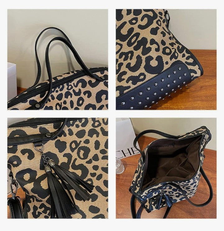 Oversized Leopard Purse,Women Studded Tote Handbags Animal Printing Punk Large Shoulder Bags Hobo Tassel Rocker Rivet
