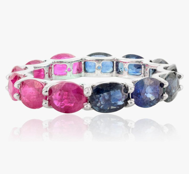 COCOMONEY Ruby & Emerald Eternity Ring- 14K Solid White Gold Stackable Ring- Elegant