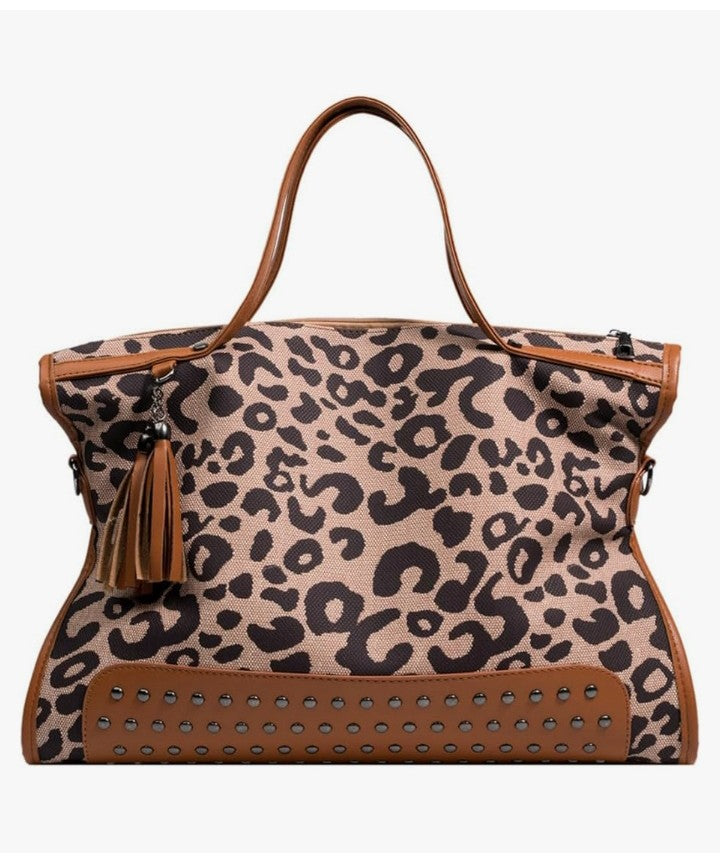 Oversized Leopard Purse,Women Studded Tote Handbags Animal Printing Punk Large Shoulder Bags Hobo Tassel Rocker Rivet