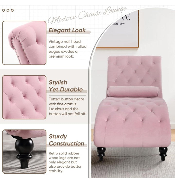 Velvet Chaise Lounge Indoor with Toss Pillow, Modern Pink Chaise Lounge Chair, Upholstered Armless Velvet Chairs with Tufted Buttons and Nail Heads for Living Room, Bedroom Furniture