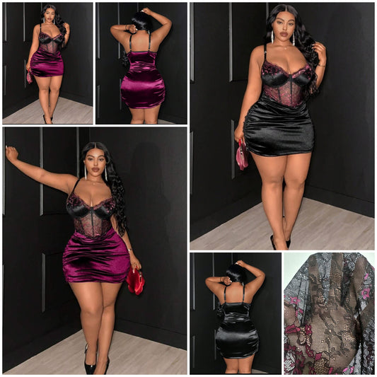 Plus Size Women Color-Block Lace Casual Dress COCOMONEY