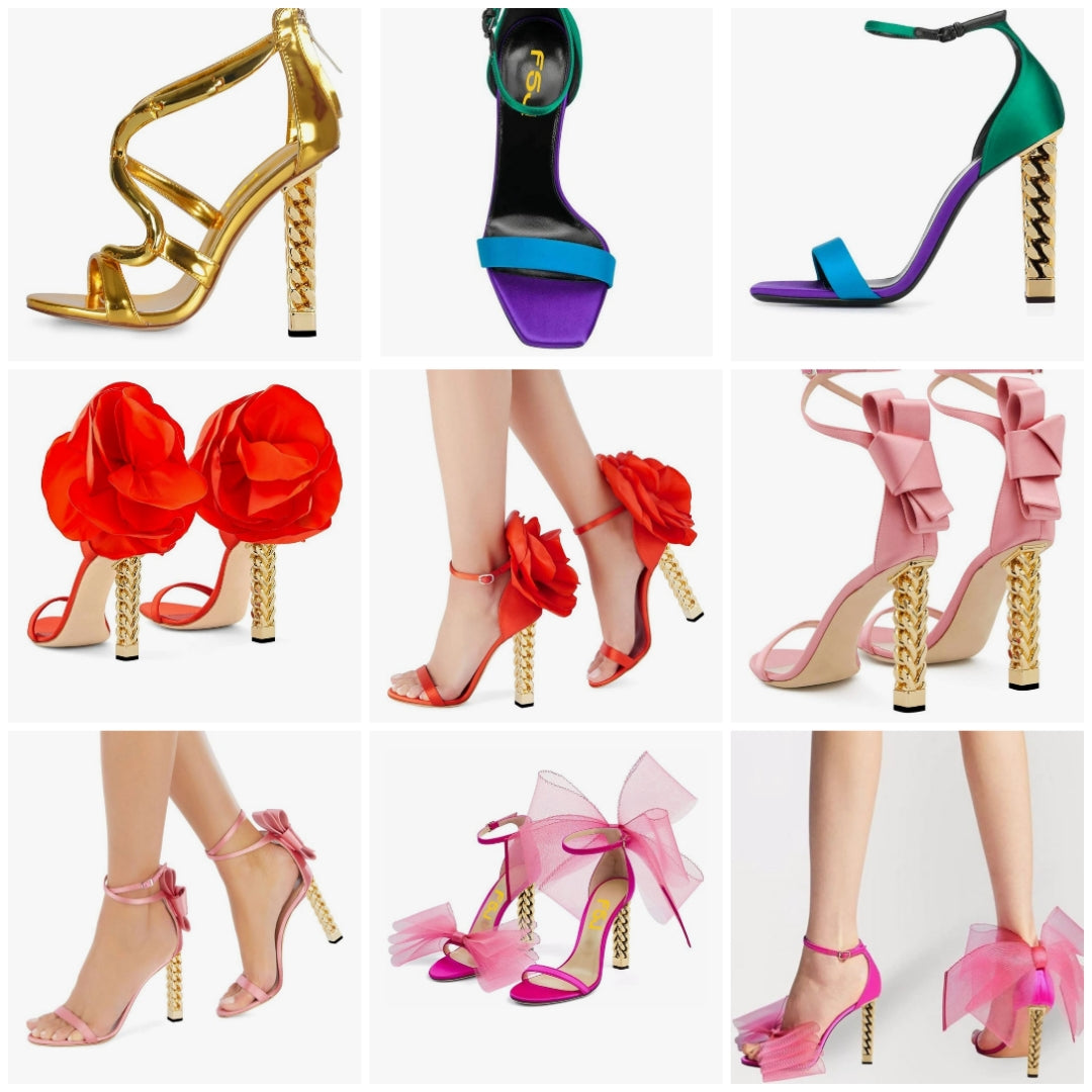 Gold Metal Chain Chunky High Heels Ankle Strap Sandals Open Toe Fashion Summer Dressy Shoes Size 4-15 US