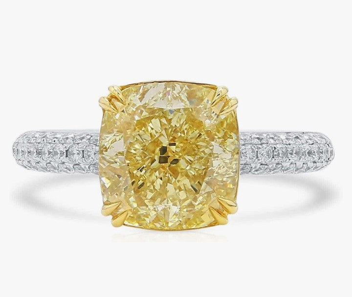 COCOMONEY GIA Certified 4.02 Carat Cushion Fancy Light Yellow Color Diamond Set In 18k White & Yellow Gold Ring (FANCY LIGHT YELLOW-SI1) Adjustable and Resizable