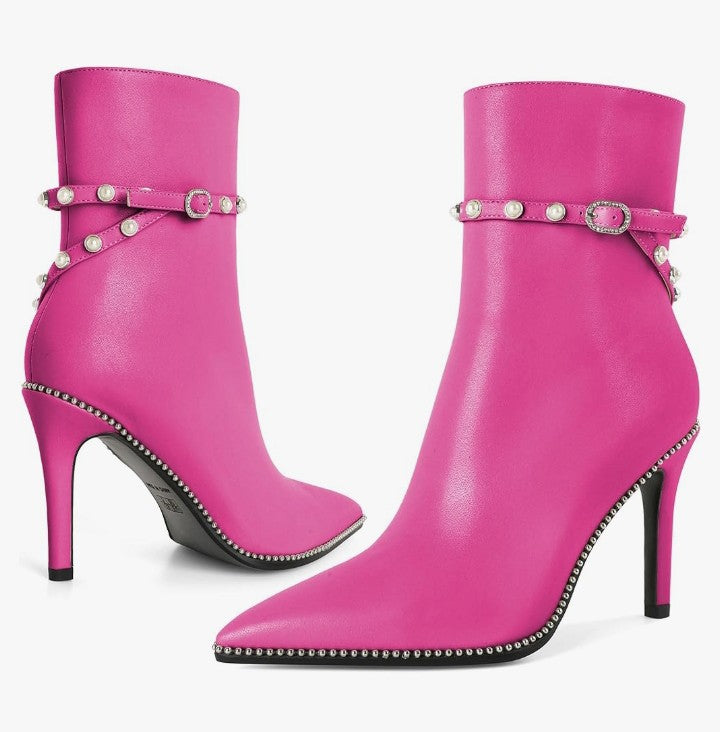 Women Ankle Boots Short Bootie Close Pointed Toe Stiletto High Heel Booties Fashion Beaded Pearl Buckle Dress Shoes 4 Inch