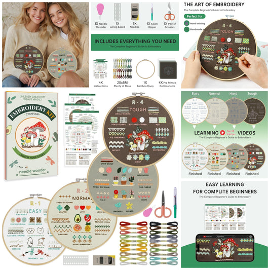 4 Stage Embroidery Kit for Beginners Adults, Easy to Learn 38 Different Stitches from Instruction & Video, Needlepoint Kits for Adults with Stamped Embroidery Patterns