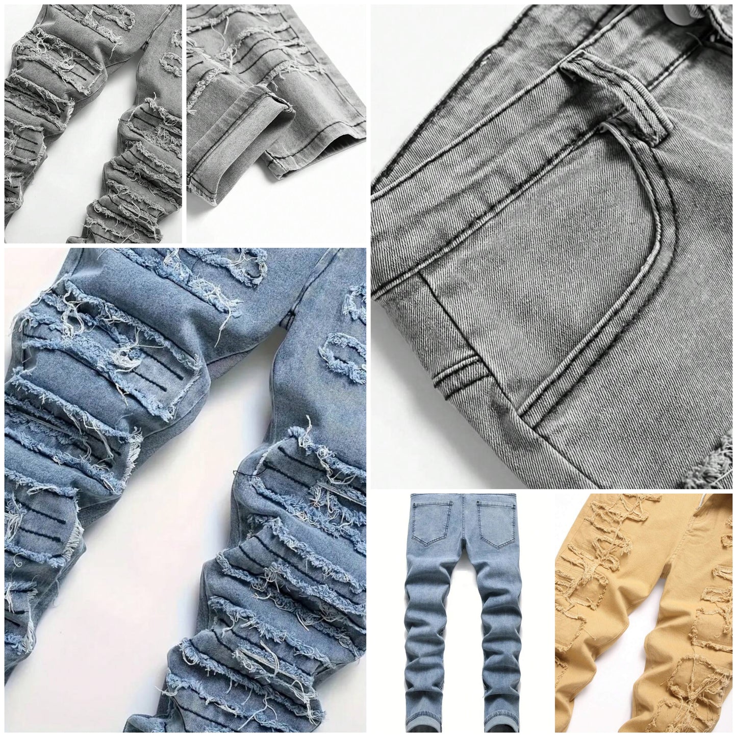 Mens fashion fringe elastic skinny jeans COCOMONEY