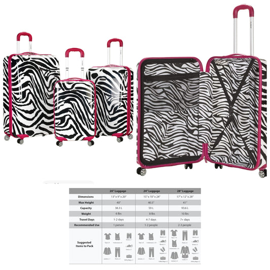3pcs Safari Hardside Spinner Wheel Luggage, PINKZEBRA, 3-Piece Set (20/24/28)