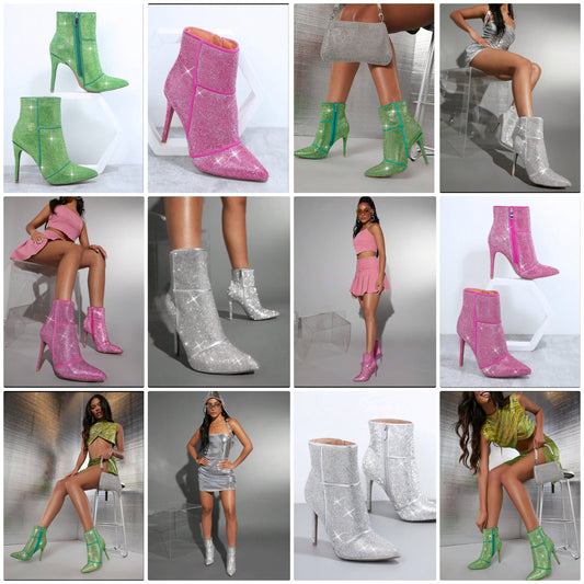 Rhinestone Side Zipper Stiletto Heeled Boots