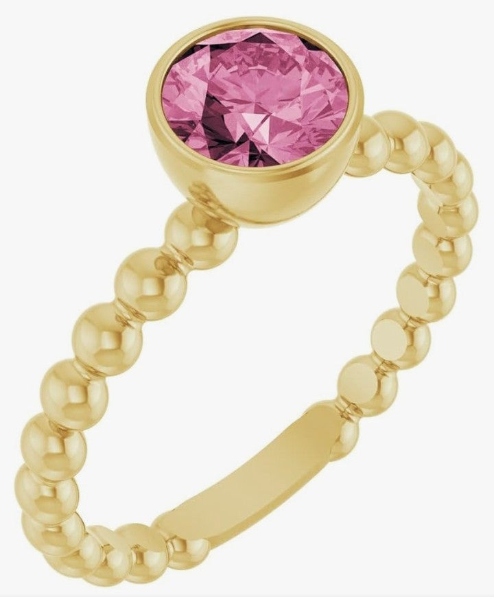 COCOMONEY 14k Yellow Gold Bezel-Set Pink Tourmaline Family Stackable Beaded Fashion Ring Fine Jewelry For Women Gifts For Her, Size 7