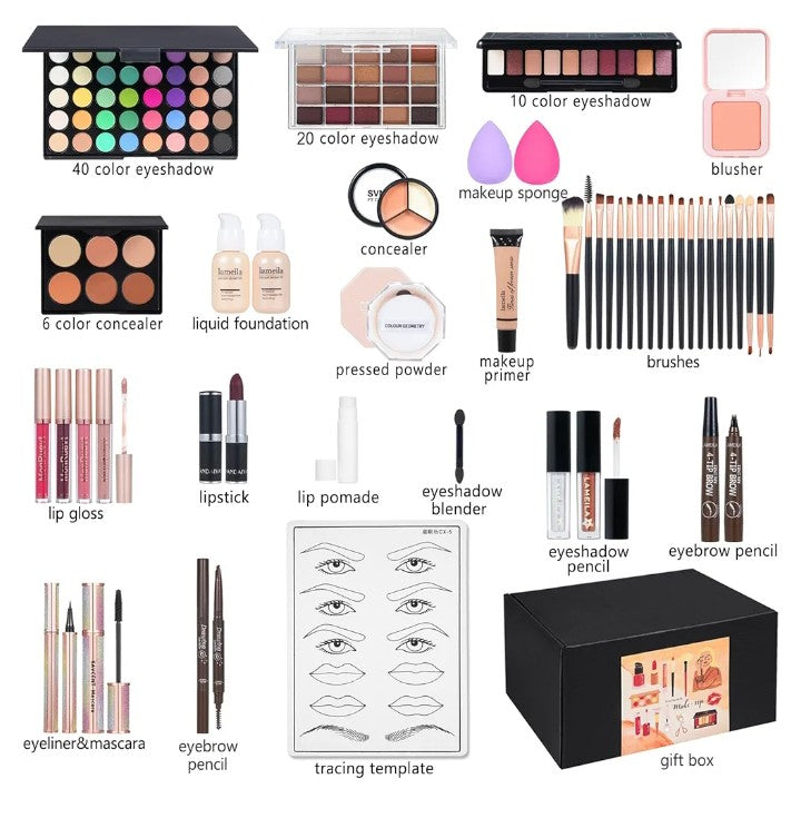 All in One Makeup Kit Full Kit Multipurpose Makeup ,eyeshadow、 liquid foundation,Loose powder,Eyebrow pencil,4-color lip gloss set